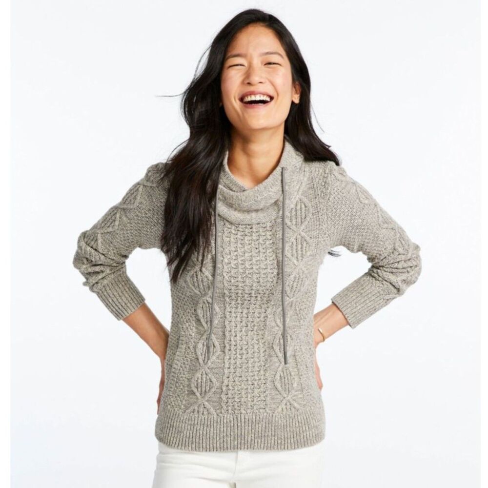 LL Bean Signature Cotton Funnelneck Cable Knit Sweater Cowl Pockets Fisherman M